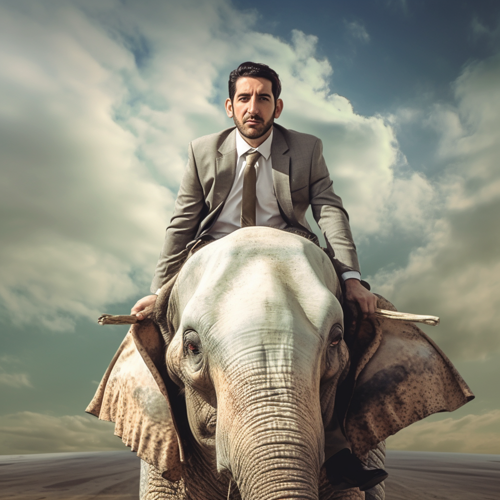 Carlos Mario Zuluaga sobre un elefante blanco.  Imagen generada con AI.