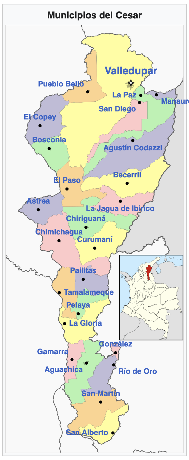 Mapa de los municipios del Cesar